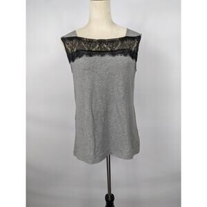 Cabi Lacey Tank Top Grey Gray Black Small Lace Accent Sleeveless Fitted Stretch